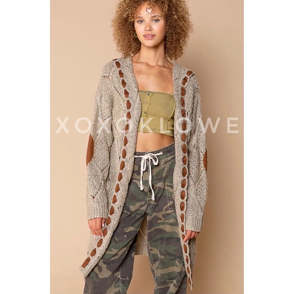 1 L POL Hooded Cardigan Open Front Diamond Weave Faux Suede Detail - Picture 5 of 13